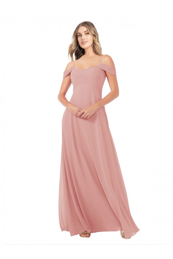 Chiffon Fora do Ombro Sem Mangas Comprimento Chão Bliss Linha A Vestidos de Madrinha Baratos