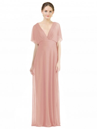 Chiffon Decote V Mangas Curtas Costas em V Comprimento Chão Linha A Vestidos de Madrinha Baratos