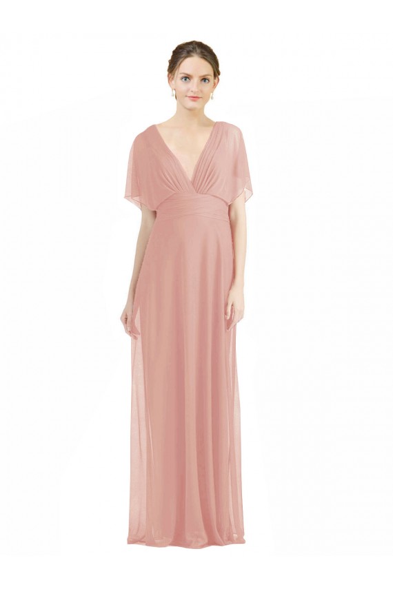 Chiffon Decote V Mangas Curtas Costas em V Comprimento Chão Linha A Vestidos de Madrinha Baratos