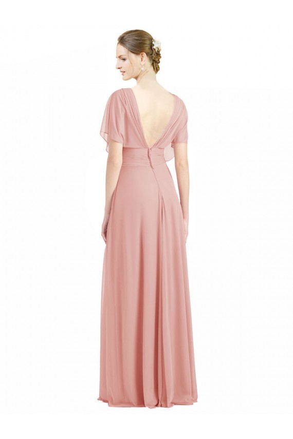 Chiffon Decote V Mangas Curtas Costas em V Comprimento Chão Linha A Vestidos de Madrinha Baratos
