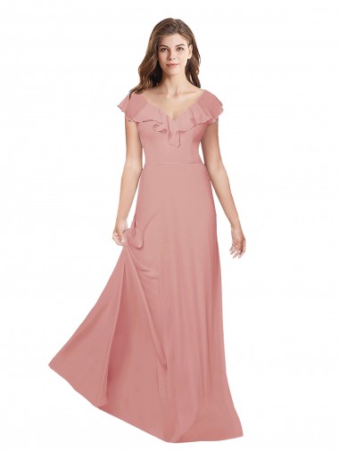 Chiffon Decote V Mangas Esvoaçantes Criss Cruz Comprimento Chão Vestidos de Madrinha Baratos