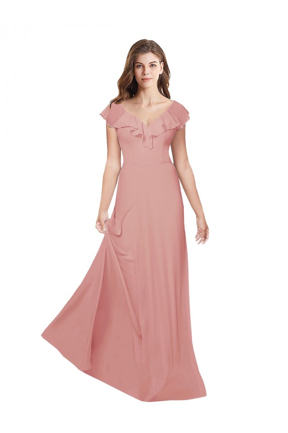 Chiffon Decote V Mangas Esvoaçantes Criss Cruz Comprimento Chão Vestidos de Madrinha Baratos