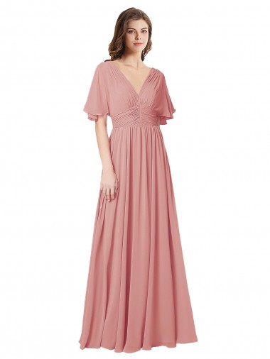 Chiffon Decote V Mangas Esvoaçantes Costas em V Comprimento Chão Linha A Bliss Vestidos de Madrinha Baratos