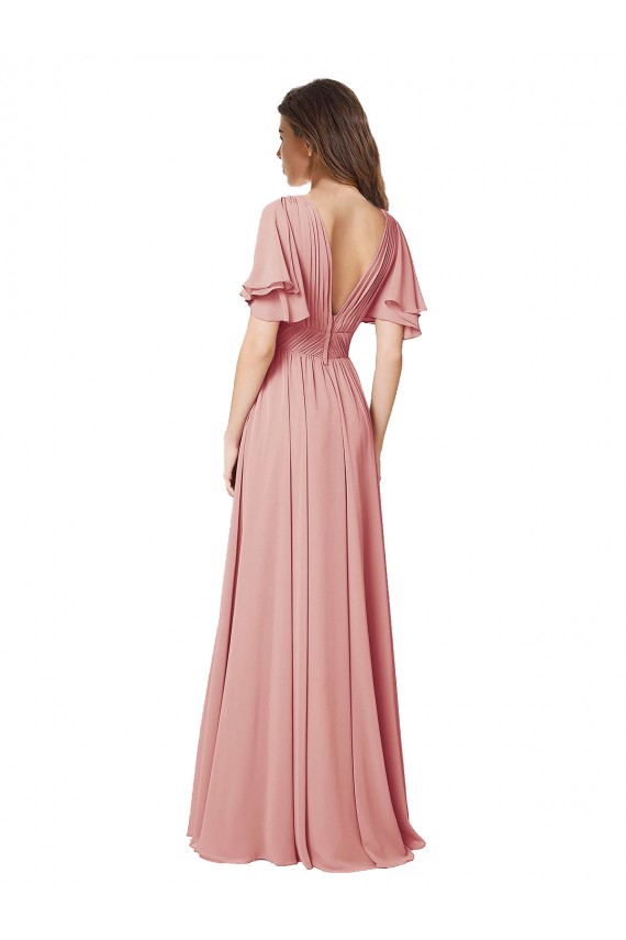 Chiffon Decote V Mangas Esvoaçantes Costas em V Comprimento Chão Linha A Bliss Vestidos de Madrinha Baratos