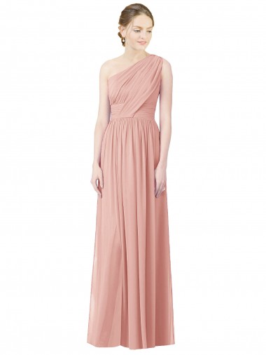 Chiffon Um Ombro Sem Mangas Comprimento Chão Linha A Vestidos de Madrinha Baratos
