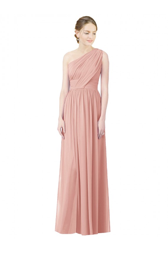 Chiffon Um Ombro Sem Mangas Comprimento Chão Linha A Vestidos de Madrinha Baratos
