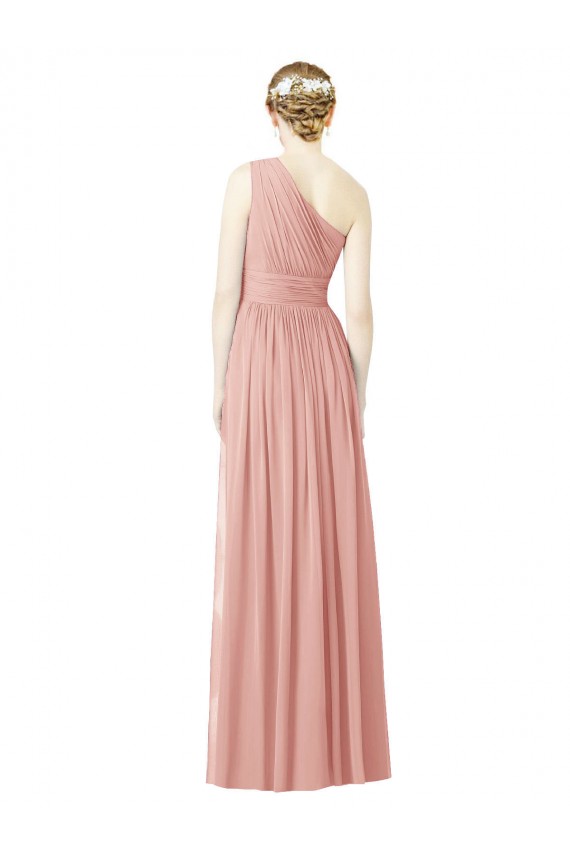 Chiffon Um Ombro Sem Mangas Comprimento Chão Linha A Vestidos de Madrinha Baratos