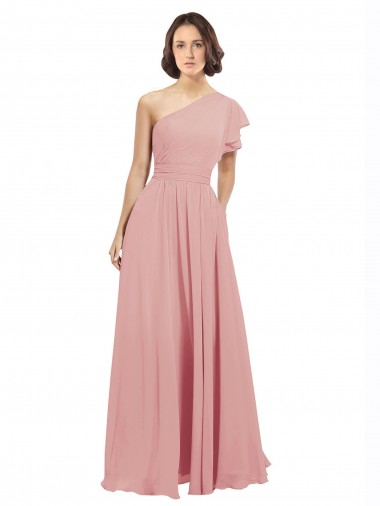 Chiffon Um Ombro Sem Mangas Comprimento Chão Longo Linha A Vestidos de Festa Baratos