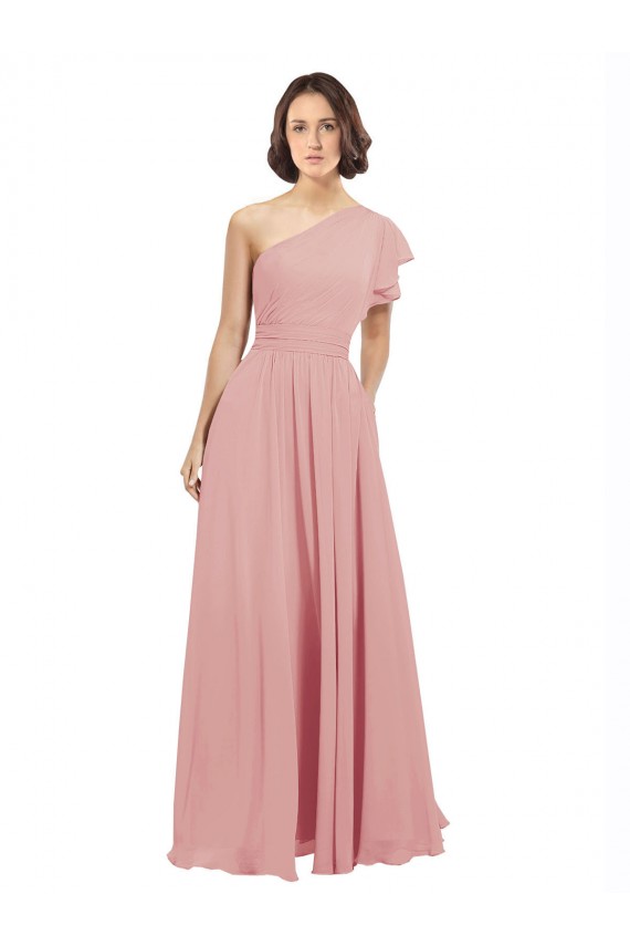 Chiffon Um Ombro Sem Mangas Comprimento Chão Longo Linha A Vestidos de Festa Baratos
