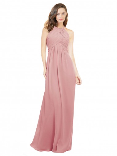 Chiffon Cabeçada Sem Mangas Buraco da fechadura Comprimento Chão Bliss Linha A Vestidos de Madrinha Baratos
