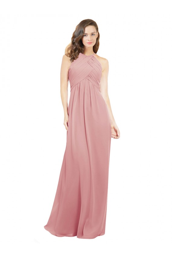 Chiffon Cabeçada Sem Mangas Buraco da fechadura Comprimento Chão Bliss Linha A Vestidos de Madrinha Baratos