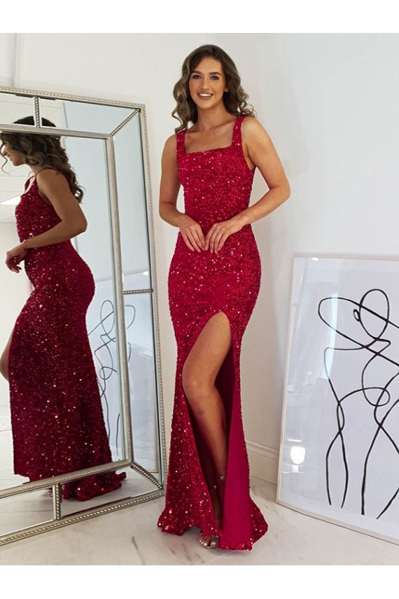 Lantejoulas Veludo Decote Quadrado Sem Mangas Comprimento Chão Vestidos de Festa Baratos