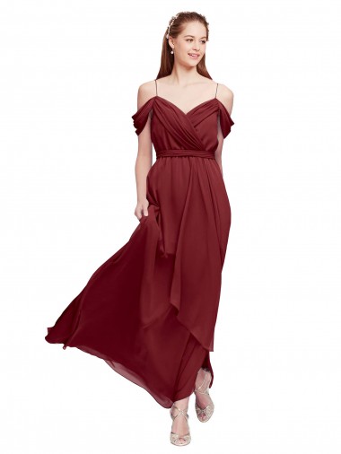 Chiffon Fora do Ombro Sem Mangas Comprimento Chão Bainha Borgonha Vestidos de Madrinha Baratos