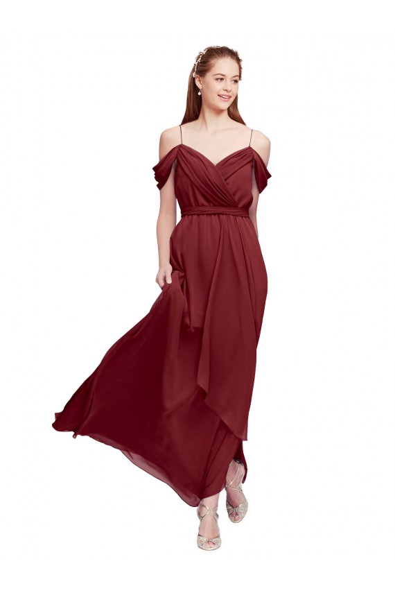 Chiffon Fora do Ombro Sem Mangas Comprimento Chão Bainha Borgonha Vestidos de Madrinha Baratos