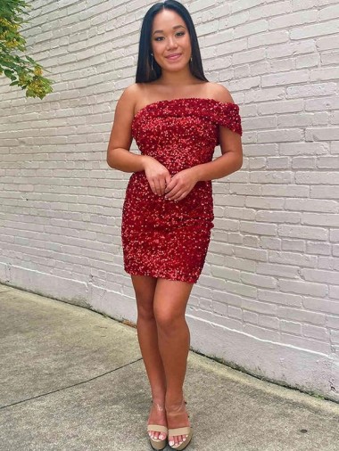 Lantejoulas Veludo Um Ombro Sem Mangas Curto Bainha Vestidos de Festa Baratos