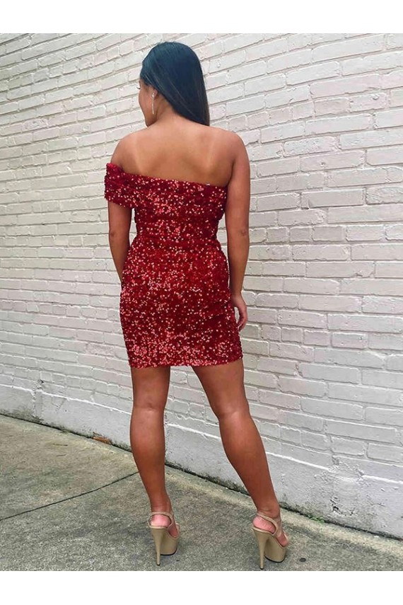 Lantejoulas Veludo Um Ombro Sem Mangas Curto Bainha Vestidos de Festa Baratos