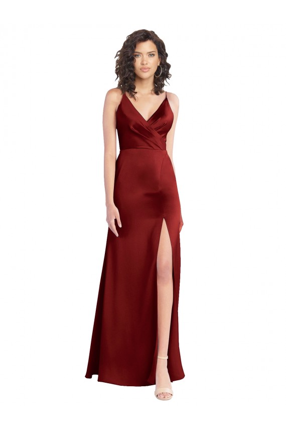 Cetim Elástico Decote V Sem Mangas Costas em V Comprimento Chão Vestido de Madrinha / Vestido de Baile Baratos
