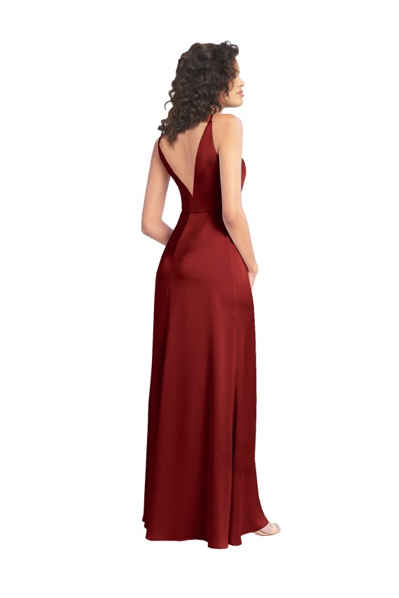 Cetim Elástico Decote V Sem Mangas Costas em V Comprimento Chão Vestido de Madrinha / Vestido de Baile Baratos