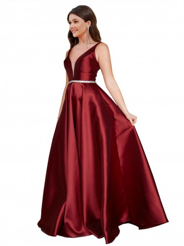 Cetim Decote V Sem Mangas Costas em V Comprimento Chão Vestidos de Madrinha / Vestidos de Noite / Vestidos de Festa Baratos