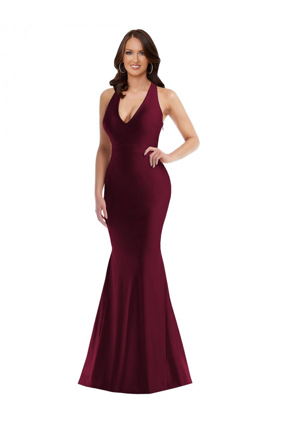 Cetim Sedoso Decote V Sem Mangas Abrir de volta Comprimento Chão Sereia Longo Vestidos de Madrinha / Vestidos de Noite / Vestidos de Festa Baratos