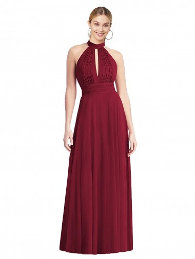 Chiffon Cabeçada Sem Mangas Abrir de volta Comprimento Chão Linha A Vestidos de Madrinha Baratos