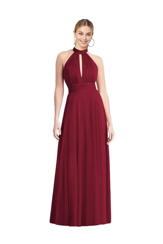 Chiffon Cabeçada Sem Mangas Abrir de volta Comprimento Chão Linha A Vestidos de Madrinha Baratos