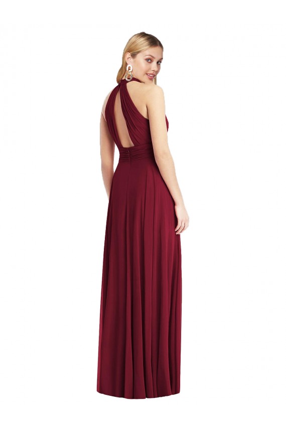 Chiffon Cabeçada Sem Mangas Abrir de volta Comprimento Chão Linha A Vestidos de Madrinha Baratos