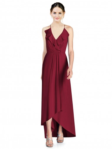 Chiffon Alças finas Sem Mangas Abrir de volta Comprimento Chão Alto Baixo, Vestidos de Madrinha Baratos
