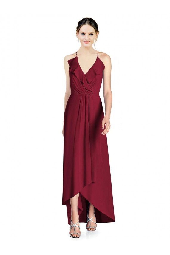 Chiffon Alças finas Sem Mangas Abrir de volta Comprimento Chão Alto Baixo, Vestidos de Madrinha Baratos