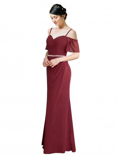 Chiffon Alças finas Ombro Frio Lombar Comprimento Chão Vestidos de Madrinha Baratos