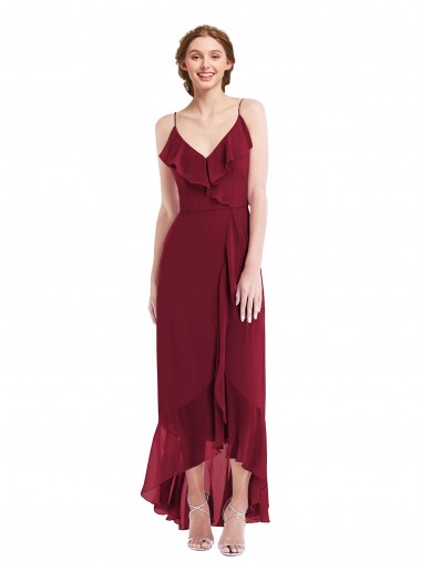 Chiffon Alças finas Sem Mangas Lombar Comprimento Chão Alto Baixo, Vestidos de Madrinha Baratos
