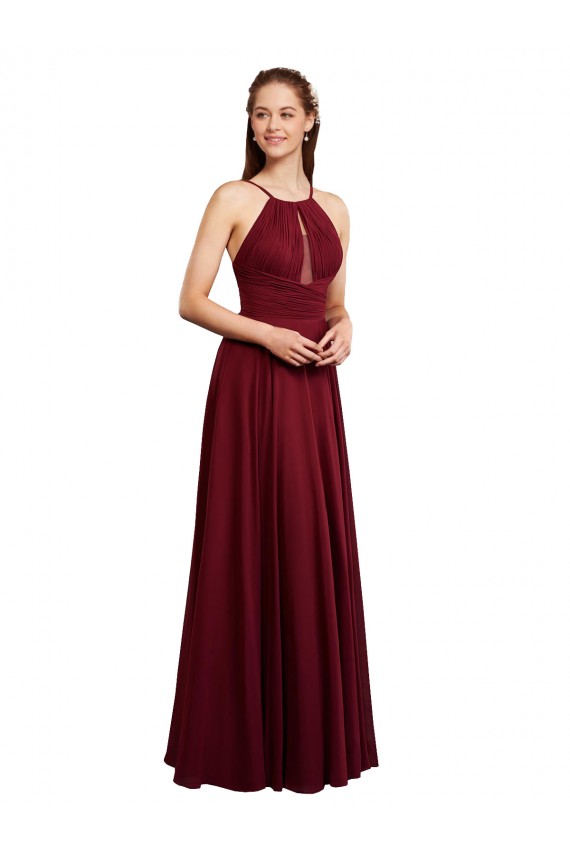 Chiffon Alças finas Sem Mangas Abrir de volta Comprimento Chão Linha A Vestido de Madrinha Baratos