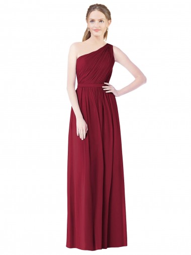 Chiffon Um Ombro Sem Mangas Comprimento Chão Longo Linha A Vestido de Madrinha Baratos