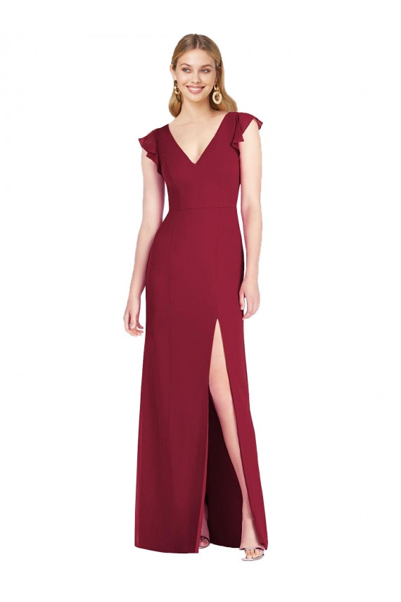 Chiffon Decote V Mangas Folhos Amarrar para trás Comprimento Chão Vestidos de Madrinha Baratos