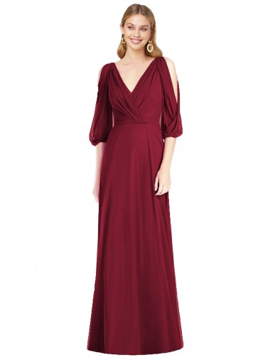 Chiffon Decote V Mangas Sino Costas em V Comprimento Chão Vestidos de Madrinha Baratos