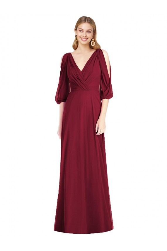 Chiffon Decote V Mangas Sino Costas em V Comprimento Chão Vestidos de Madrinha Baratos