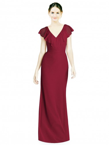 Chiffon Decote V Sem Mangas Costas em V Comprimento Chão Borgonha Vestidos de Madrinha Baratos