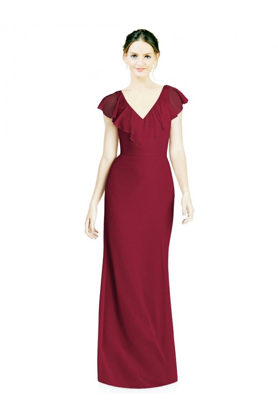 Chiffon Decote V Sem Mangas Costas em V Comprimento Chão Borgonha Vestidos de Madrinha Baratos