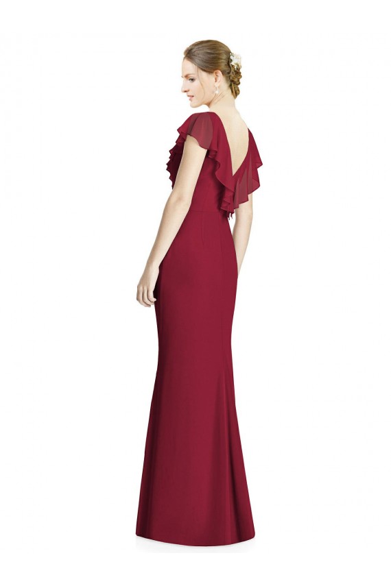 Chiffon Decote V Sem Mangas Costas em V Comprimento Chão Borgonha Vestidos de Madrinha Baratos