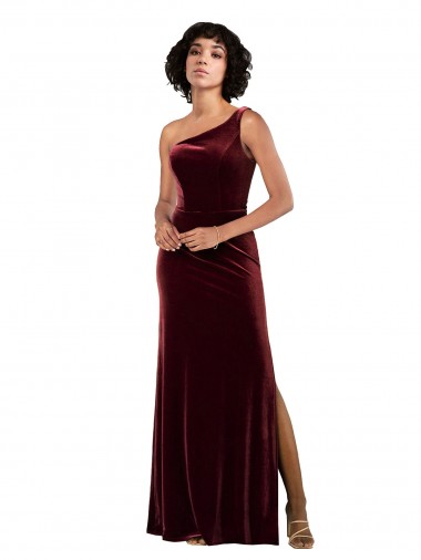 Veludo Elástico Um Ombro Sem Mangas Comprimento Chão Coluna Vestidos de Madrinha / Vestidos de Noite / Vestidos de Festa Baratos