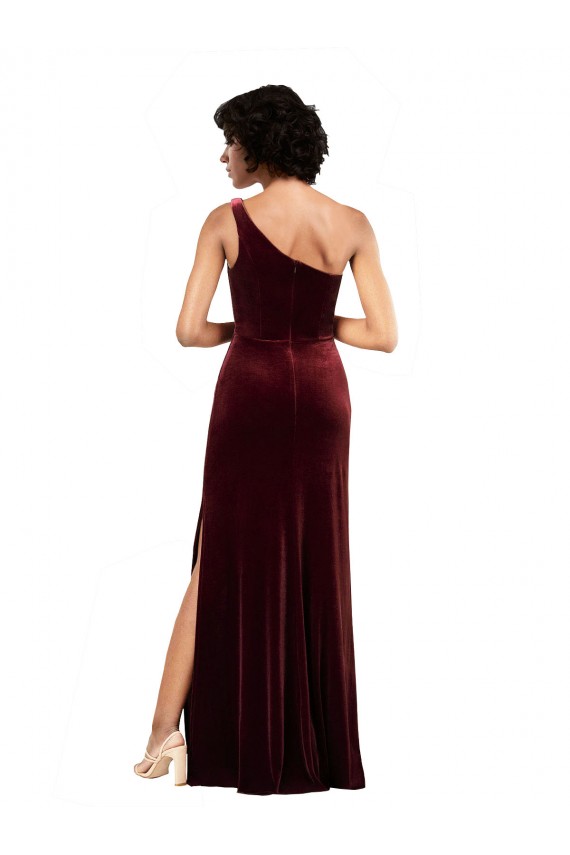 Veludo Elástico Um Ombro Sem Mangas Comprimento Chão Coluna Vestidos de Madrinha / Vestidos de Noite / Vestidos de Festa Baratos