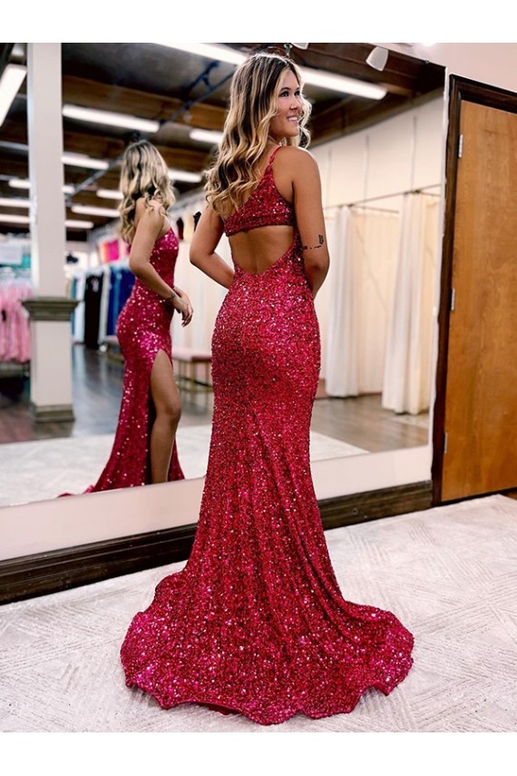 Lantejoulas Veludo Um Ombro Sem Mangas Comboio Varredela Sereia Vestidos de Festa Baratos