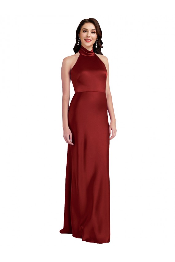 Cetim Elástico Cabeçada Sem Mangas Abrir de volta Comprimento Chão Vestidos de Madrinha / Vestidos de Noite / Vestidos de Festa Baratos