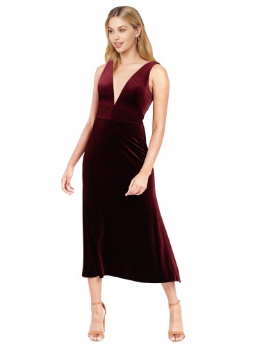 Veludo Elástico Decote V Sem Mangas Costas em V Comprimento Midi Linha A Vestidos de Madrinha / Vestidos de Festa / Vestidos de Cocktail / Vestidos de Homecoming Baratos