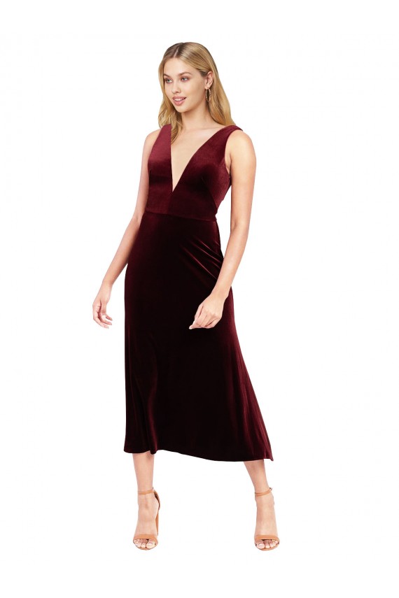 Veludo Elástico Decote V Sem Mangas Costas em V Comprimento Midi Linha A Vestidos de Madrinha / Vestidos de Festa / Vestidos de Cocktail / Vestidos de Homecoming Baratos