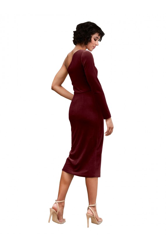 Veludo Elástico Um Ombro Mangas Compridas Comprimento Midi Vestidos de Madrinha / Vestidos de Festa Baratos