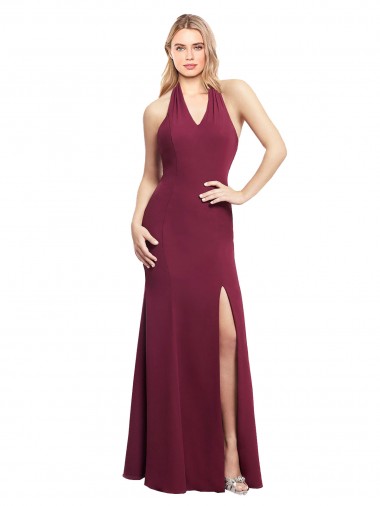 Chiffon Cabeçada Sem Mangas Abrir de volta Comprimento Chão Borgonha Vestidos de Madrinha Baratos