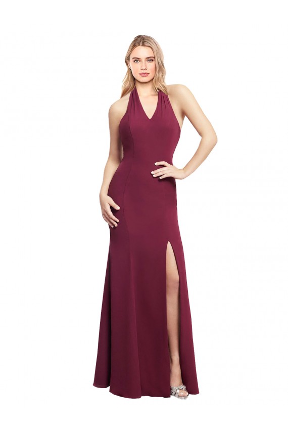 Chiffon Cabeçada Sem Mangas Abrir de volta Comprimento Chão Borgonha Vestidos de Madrinha Baratos