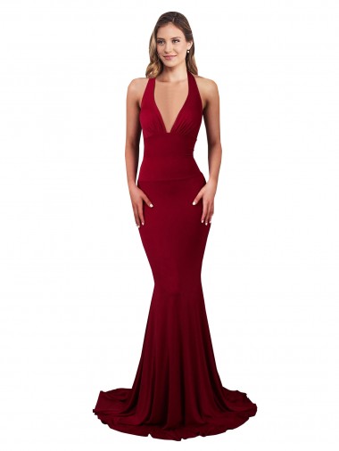 Spandex Cabeçada Sem Mangas Abrir de volta Comprimento Chão Sereia Vestidos de Madrinha / Vestidos de Noite / Vestidos de Festa Baratos