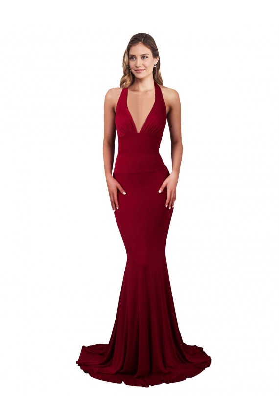Spandex Cabeçada Sem Mangas Abrir de volta Comprimento Chão Sereia Vestidos de Madrinha / Vestidos de Noite / Vestidos de Festa Baratos